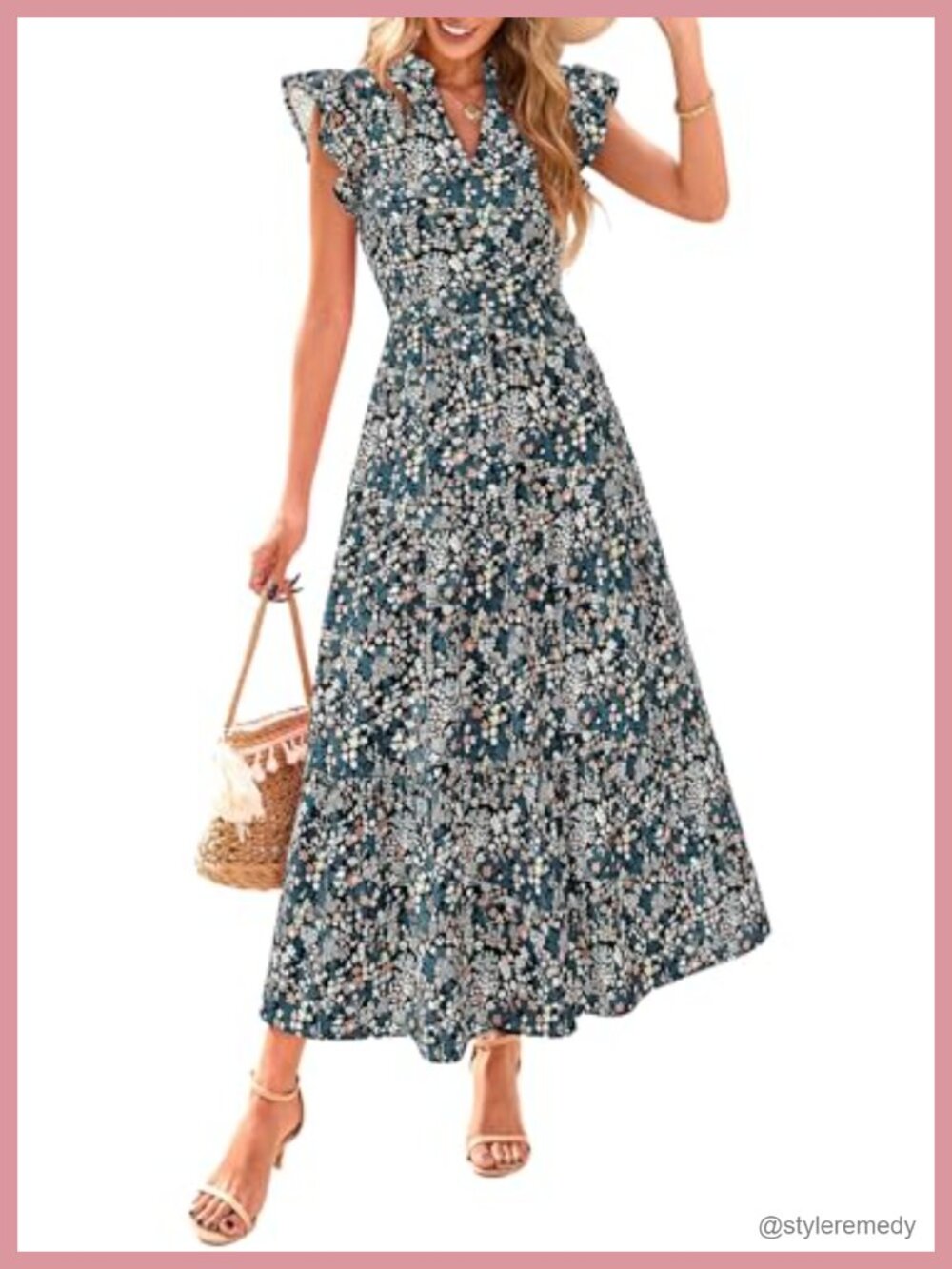 Women's Boho Floral Midi Dress V-Neck Cap Sleeve Tiered A-Line